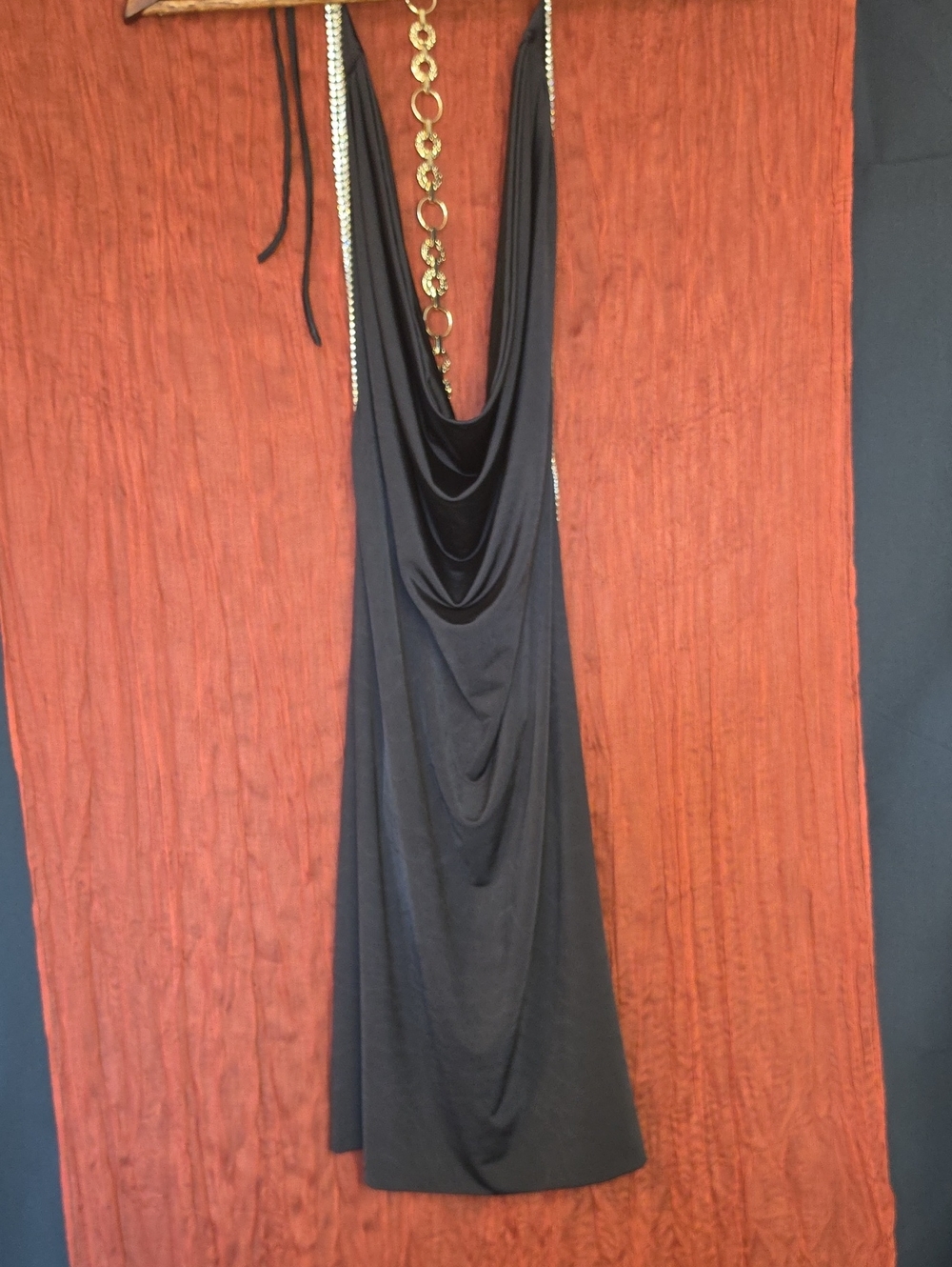 Black Backless Cowl-Back Evening Dress with Chain Detail